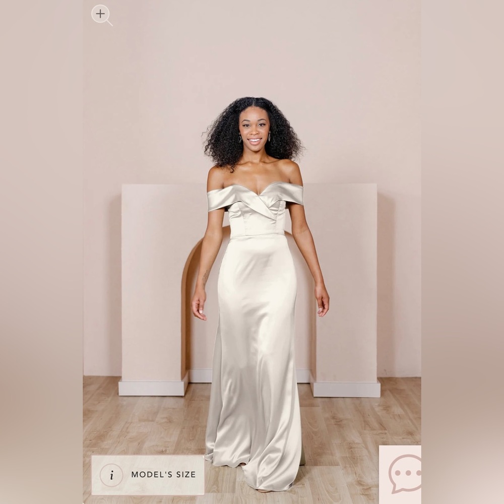 Revelry Bardot Satin Soft Champagne Dress